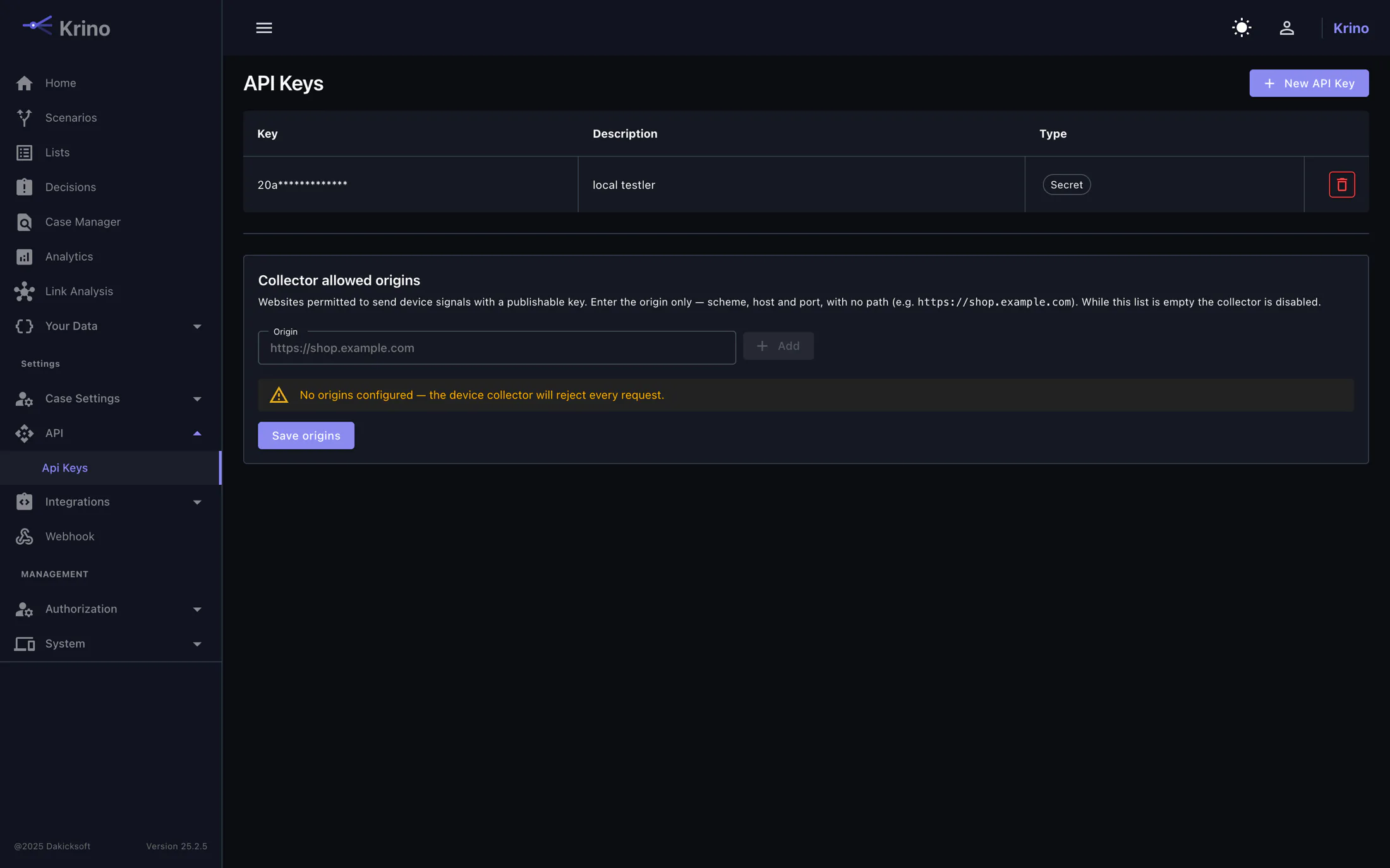 API-ключи и список разрешённых источников для сборщика сигналов устройства