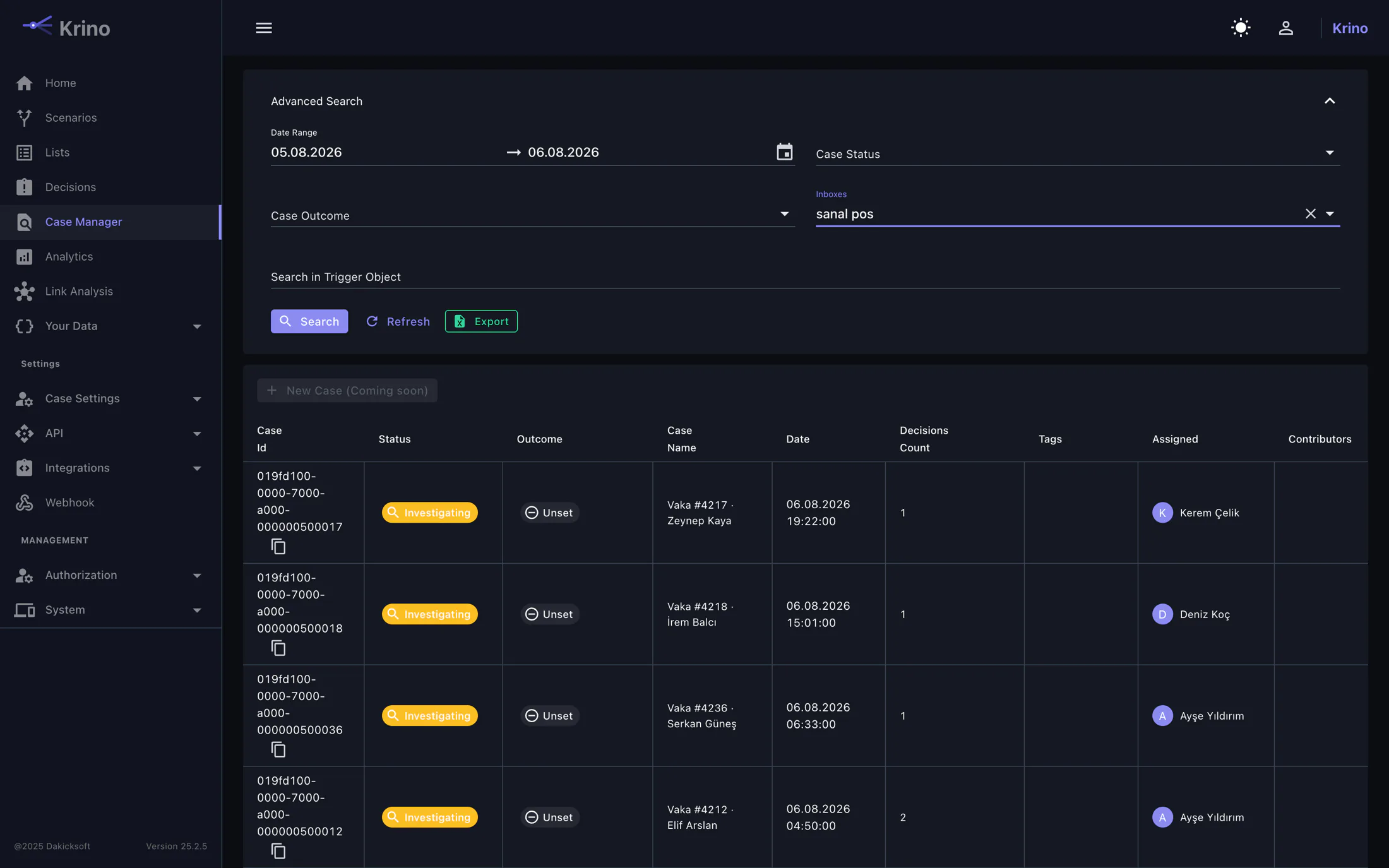 Case queue with status, outcome, date and assigned analyst columns