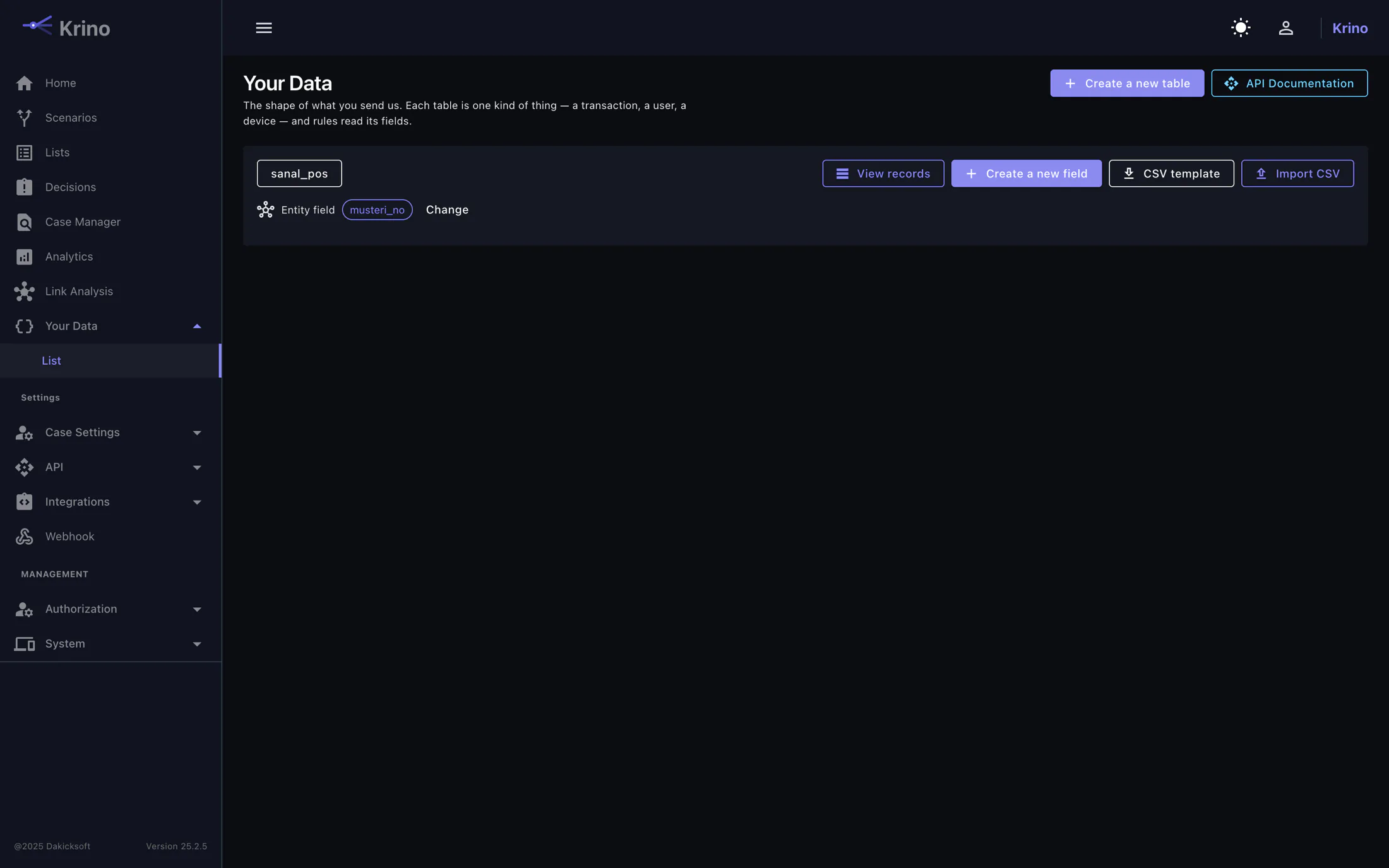 Data model screen listing tables and their fields